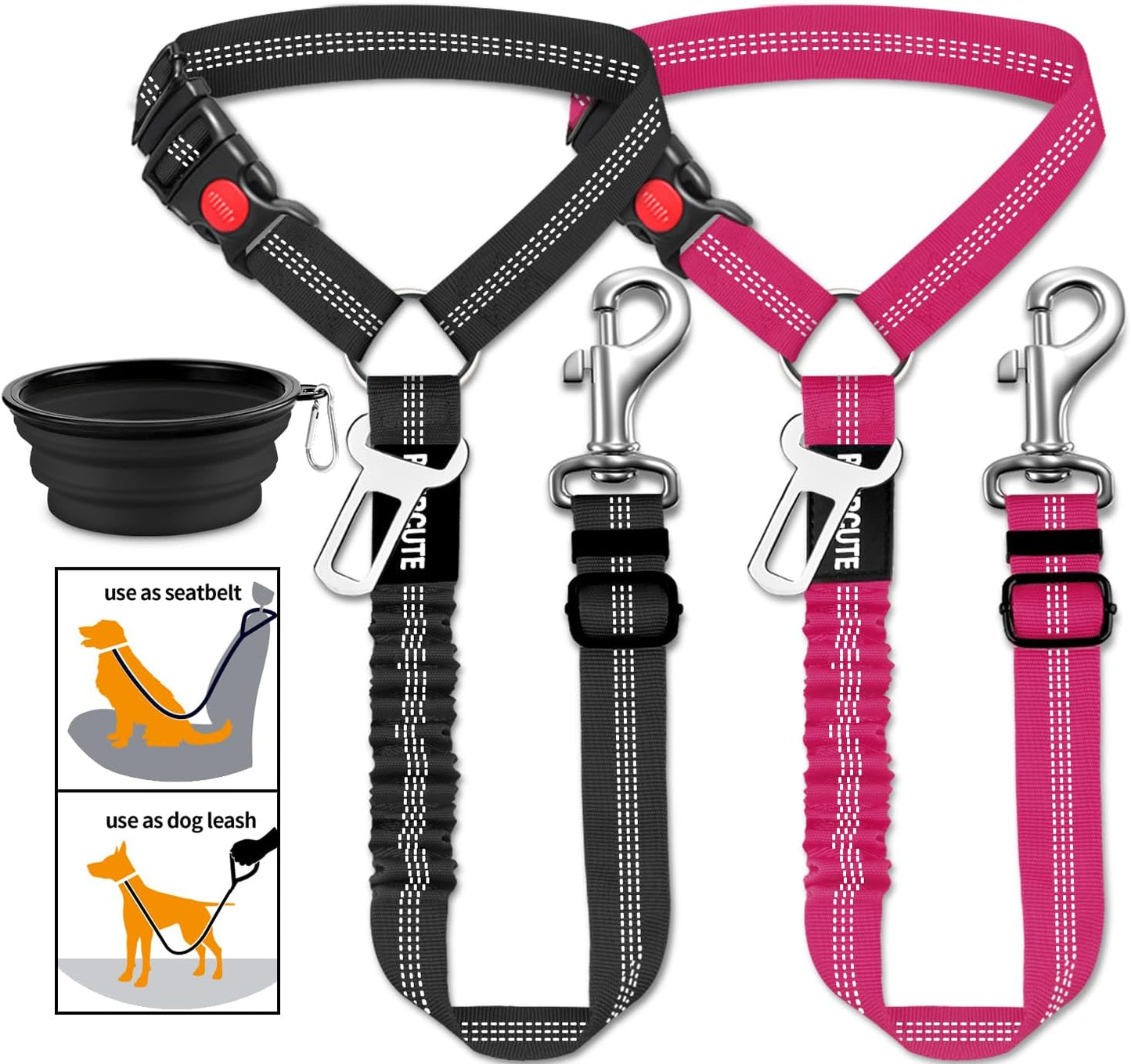 3 Piece Dog Car Seat Belt Set - Retractable Adjustable Pet Seatbelts for Vehicle Headrests - Heavy Duty, Elastic & Durable Car Harness for Dogs