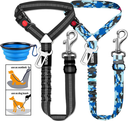 3 Piece Dog Car Seat Belt Set - Retractable Adjustable Pet Seatbelts for Vehicle Headrests - Heavy Duty, Elastic & Durable Car Harness for Dogs