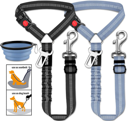 3 Piece Dog Car Seat Belt Set - Retractable Adjustable Pet Seatbelts for Vehicle Headrests - Heavy Duty, Elastic & Durable Car Harness for Dogs